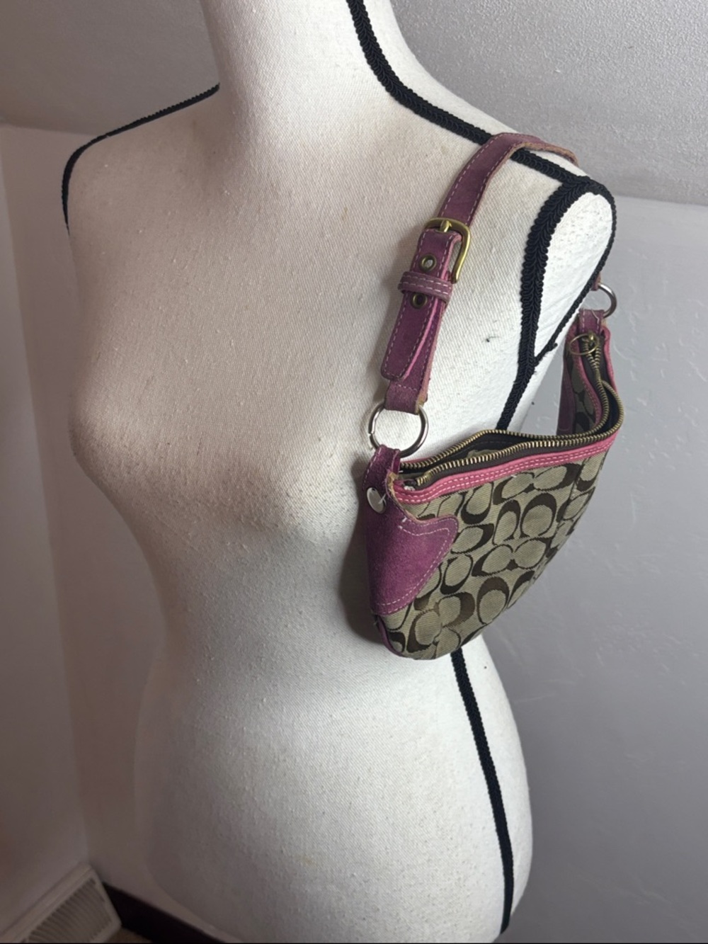 Coach Brown Signature Canvas Wristlet with Pink Suede Accents